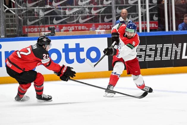 RIGA, LATVIA - MAY 23: Michal Kempny of Czech Republic shoots the puck during the 2023 IIHF Ice hockey, Eishockey World Championship, WM, Weltmeisterschaft Finland - Latvia game between Canada and Czech Republic at Arena Riga on May 23, 2023 in Riga, Latvia. Riga Arena Riga Latvia Copyright: xJustPictures.ch AndreaxBrancax
