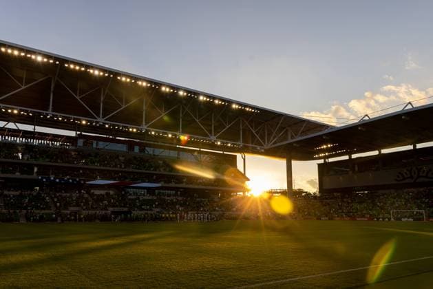 AUSTIN, TX - MAY 24: players line up for the National Anthem before the Lamar Hunt US Open Cup Round of 16 match between the Austin FC and Chicago Fire on May 24, 2023, at Q2 Stadium in Austin, TX. (Photo by David Buono Icon Sportswire) SOCCER: MAY 24 Lamar Hunt US Open Cup - Austin FC vs Chicago Fire EDITORIAL USE ONLY Icon230524001