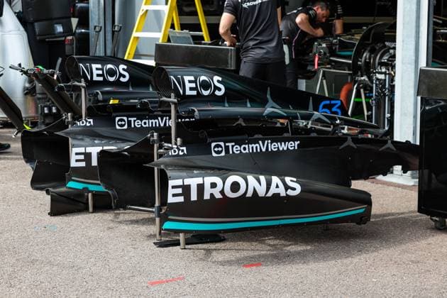 Mercedes AMG F1 Team W14, mechanical detail of the new side pods in the pitlane during the Formula 1 Grand Prix de Monaco 2023, 6th round of the 2023 Formula One World Championship, WM, Weltmeisterschaft from May 26 to 28, 2023 on the Circuit de Monaco, in Monaco - F1 - MONACO GRAND PRIX 2023 DPPI Panoramic  20230525_G0OD9399