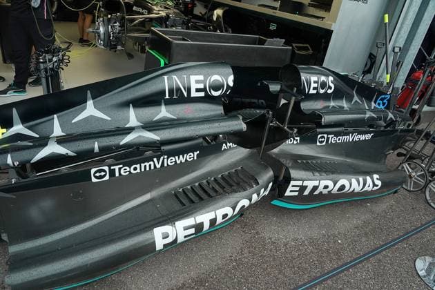 Formel 1 Grand Prix Monaco 2023 25.05.2023, Circuit de Monaco, Monte Carlo, Formel 1 Grand Prix Monaco 2023 ,im Bild Neuer Seitenkasten am Auto von Lewis Hamilton (GBR), Mercedes-AMG Petronas Formula One Team und George Russell (GBR), Mercedes-AMG Petronas Formula One Team