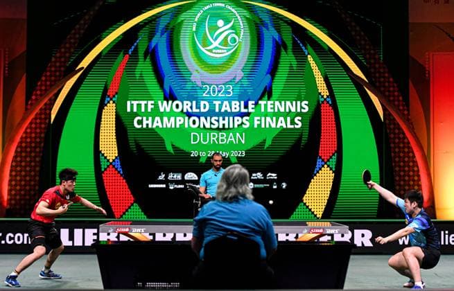 Bilder des Jahres 2023, Sport 05 Mai Sport Themen der Woche KW21 (230525) -- DURBAN, May 25, 2023 -- Fan Zhendong (R) of China hits a return during the men s singles round of 16 match against Qiu Dang of Germany at 2023 ITTF Table tennis, Tischtennis World Championships Finals in Durban, South Africa, May 25, 2023. ) (SP)SOUTH AFRICA-DURBAN-ITTF-TABLE TENNIS-WORLD CHAMPIONSHIPS FINALS-DAY 5 LixYahui 