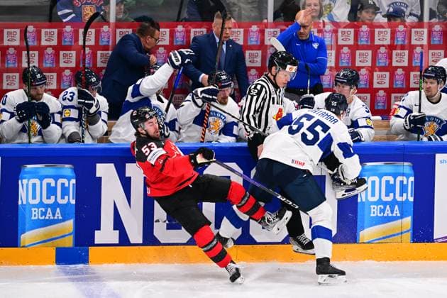 L-R Michael Carcone (CAN) and Atte Ohtamaa (FIN) in action during the quarter-final match Canada vs Finland, within the IIHF Ice hockey, Eishockey World Championship, WM, Weltmeisterschaft on May 24, 2023, in Tampere, Finland. (CTKxPhoto DavidxTanecek) CTKPhotoP2023052509118  CTKPhotoP2023052509118