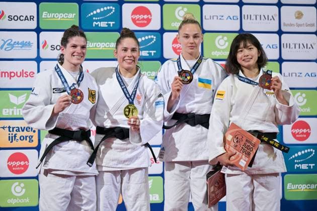 Bilder des Jahres 2023, Sport 05 Mai Sport Themen der Woche KW21 Sport Bilder des Tages JUDO - Upper Austria Judo Grand Prix LINZ,AUSTRIA,25.MAY.23 - JUDO - IJF World Tour, Upper Austria Judo Grand Prix, . Image shows Seija Ballhaus (GER), Pleuni Cornelisse (NED), Daria Bilodid (UKR) and Akari Omori (JPN).  GEPAxpictures xChristianxMoser