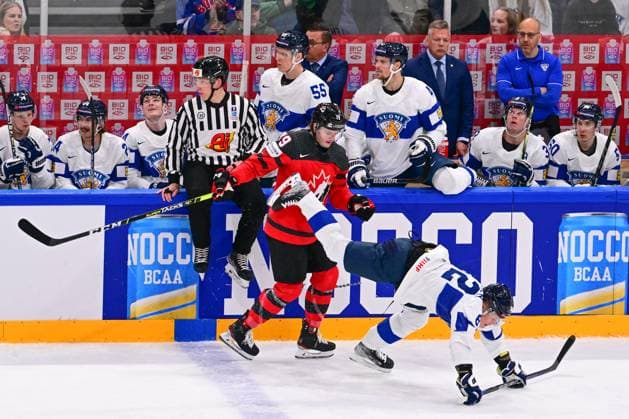 L-R Sammy Blais (CAN) and Harri Pesonen (FIN) in action during the quarter-final match Canada vs Finland, within the IIHF Ice hockey, Eishockey World Championship, WM, Weltmeisterschaft on May 24, 2023, in Tampere, Finland. (CTKxPhoto DavidxTanecek) CTKPhotoP2023052509542  CTKPhotoP2023052509542