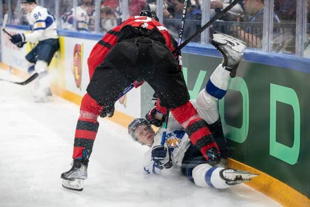 Tyler Myers 57, CAN and Antti Suomela, FIN during the 2023 IIHF Ice hockey, Eishockey World Championship, WM, Weltmeisterschaft Group A match between Canada and Finland at the Nokia Arena on 25. May 2023 in Tampere, Finland. (Tomi Hänninen Newspix24)  Copyright: xTomixHänninenx np24251857952