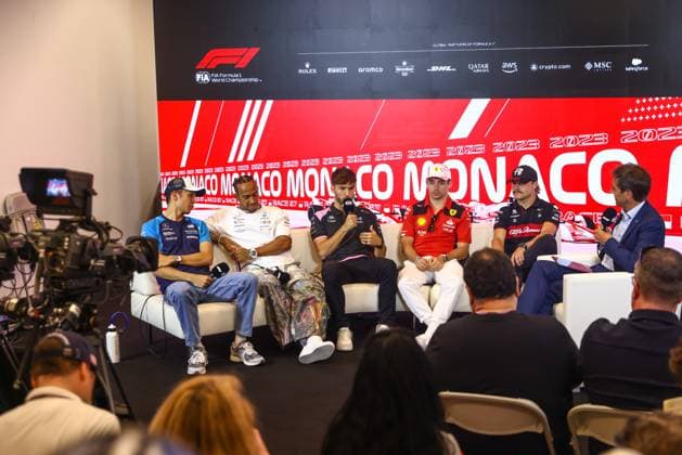 F1 Grand Prix Of Monaco Alexander Albon, Lewis Hamilton, Pierre Gasly, Charles Leclerc and Valtteri Bottas are seen during a press conference, PK, Pressekonferenz ahead of the F1 Grand Prix of Monaco at Circuit de Monaco on May 25, 2023 in Monte-Carlo, Monaco. Monaco Monaco  Copyright: xBeataxZawrzelx originalFilename:zawrzel-f1grandp230525_npuN1.jpg