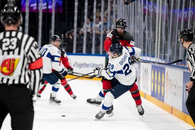 Jack Mcbain 11, CAN and Ahti Oksanen 29, FIN during the 2023 IIHF Ice hockey, Eishockey World Championship, WM, Weltmeisterschaft Group A match between Canada and Finland at the Nokia Arena on 25. May 2023 in Tampere, Finland. (Tomi Hänninen Newspix24)  Copyright: xTomixHänninenx np24251957973