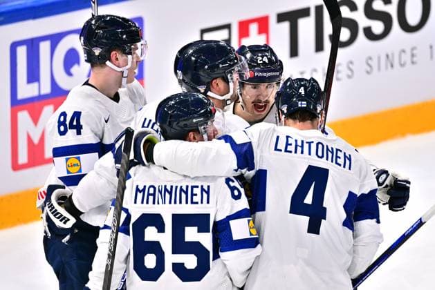 Finnish players celebrate first goal (3:1) during the quarter-final match Canada vs Finland, within the IIHF Ice hockey, Eishockey World Championship, WM, Weltmeisterschaft on May 24, 2023, in Tampere, Finland. (CTKxPhoto DavidxTanecek) CTKPhotoP2023052510286  CTKPhotoP2023052510286