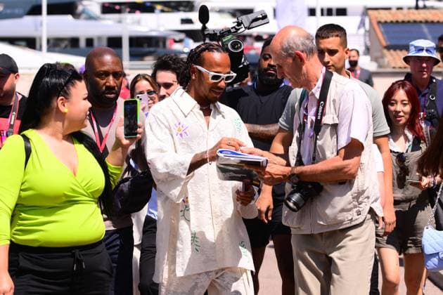 , , 26.05.2023, Monaco-Ville, free practice Monaco GP, Lewis Hamilton of Mercedes-AMG Petronas F1 Team arrive into the circuit Port du Monaco Monaco-Ville Monaco