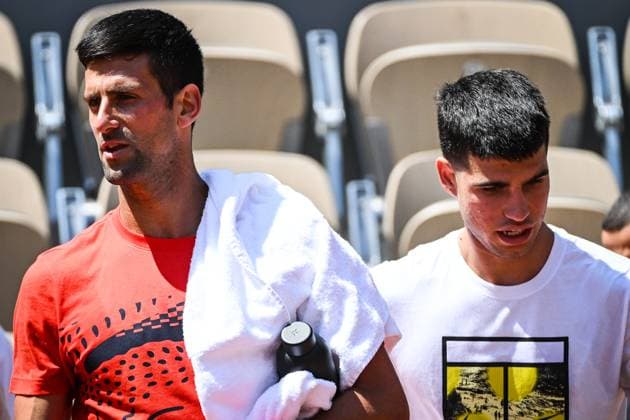 May 26, 2023, Paris, France, France: Novak DJOKOVIC of Serbia and Carlos ALCARAZ of Spain during a training session of Roland-Garros 2023, French Open 2023, Grand Slam tennis tournament at the Roland-Garros Stadium on May 26, 2023 in Paris, France. Paris France - ZUMAm308 20230526_zsp_m308_012 Copyright: xMatthieuxMirvillex