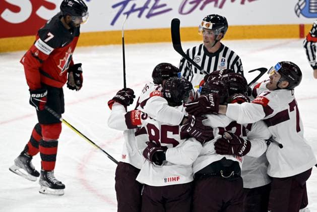 Players of Latvia celebrate teams opening goal by Dans Locmelis during the 2023 IIHF Ice hockey, Eishockey World Championships semifinal match between Canada and Latvia in Tampere on May 27, 2023. Tampere Finland LKFTJK20230527143444LLYL  Copyright: xJussixNukarix LKFTJK20230527143444LLYL