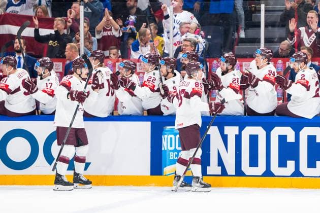 RIGA, LATVIA - MAY 27: Dans Locmelis of Latvia (R) celebrates his goal during the 2023 IIHF Ice hockey, Eishockey World Championship, WM, Weltmeisterschaft Finland - Latvia game between Canada and Latvia at Nokia Arena on May 27, 2023 in Tampere, Finland. Tampere Finland Copyright: xJustPictures.ch JarixPestelaccix