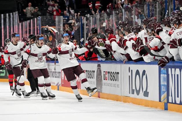 RIGA, LATVIA - MAY 27: Dans Locmelis of Latvia celebrate after scoring a goal during the 2023 IIHF Ice hockey, Eishockey World Championship, WM, Weltmeisterschaft Finland - Latvia game between Canada and Latvia at Nokia Arena on May 27, 2023 in Tampere, Finland. Tampere Finland Copyright: xJustPictures.ch AndreaxBrancax