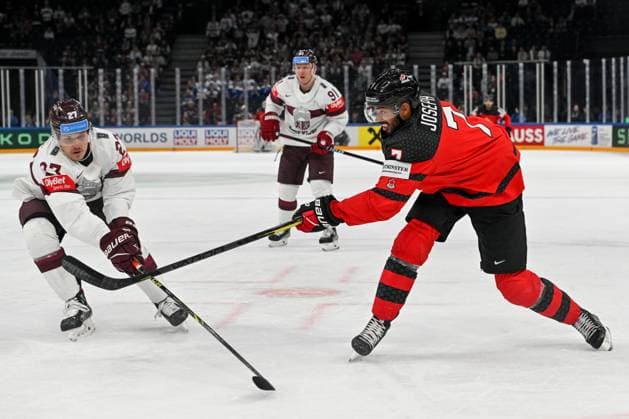 RIGA, LATVIA - MAY 27: Pierre-Olivier Joseph of Canada shoots the puck during the 2023 IIHF Ice hockey, Eishockey World Championship, WM, Weltmeisterschaft Finland - Latvia game between Canada and Latvia at Nokia Arena on May 27, 2023 in Tampere, Finland. Tampere Finland Copyright: xJustPictures.ch AndreaxBrancax