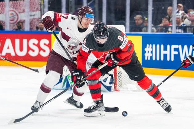 RIGA, LATVIA - MAY 27: Cody Glass of Canada (R) against Kristaps Roberts Zile of Latvia (L) during the 2023 IIHF Ice hockey, Eishockey World Championship, WM, Weltmeisterschaft Finland - Latvia game between Canada and Latvia at Nokia Arena on May 27, 2023 in Tampere, Finland. Tampere Finland Copyright: xJustPictures.ch JarixPestelaccix