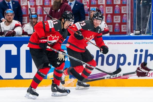 RIGA, LATVIA - MAY 27: foot control by Jack Mcbain of Canada (L) during the 2023 IIHF Ice hockey, Eishockey World Championship, WM, Weltmeisterschaft Finland - Latvia game between Canada and Latvia at Nokia Arena on May 27, 2023 in Tampere, Finland. Tampere Finland Copyright: xJustPictures.ch JarixPestelaccix