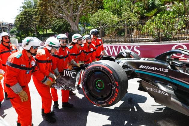 Damaged car of 44 Lewis Hamilton (GBR, Mercedes-AMG Petronas F1 Team), F1 Grand Prix of Monaco at Circuit de Monaco on May 27, 2023 in Monte-Carlo, Monaco. (Photo by HOCH ZWEI) Monte-Carlo Monaco