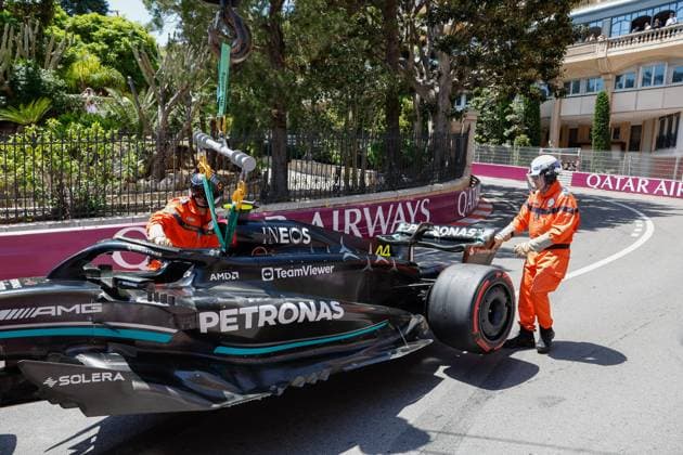 Damaged car of 44 Lewis Hamilton (GBR, Mercedes-AMG Petronas F1 Team), F1 Grand Prix of Monaco at Circuit de Monaco on May 27, 2023 in Monte-Carlo, Monaco. (Photo by HOCH ZWEI) Monte-Carlo Monaco