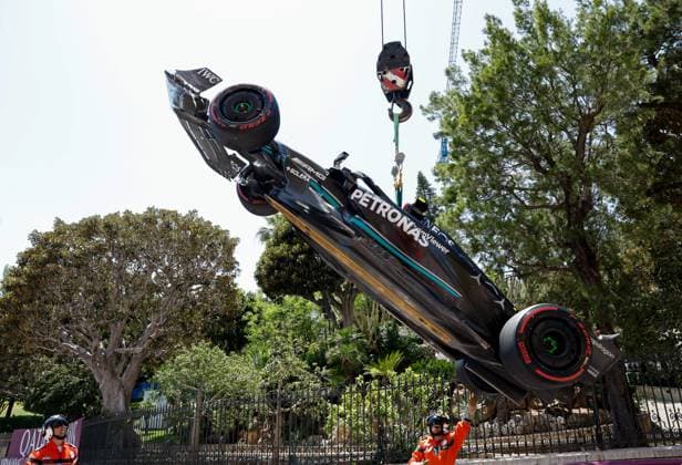 Damaged car of 44 Lewis Hamilton (GBR, Mercedes-AMG Petronas F1 Team), F1 Grand Prix of Monaco at Circuit de Monaco on May 27, 2023 in Monte-Carlo, Monaco. (Photo by HOCH ZWEI) Monte-Carlo Monaco