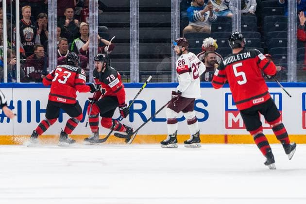 RIGA, LATVIA - MAY 27: Samuel Blais of Canada (2nd from L) celebrateing his goal with Jake Neighbours of Canada (L) during the 2023 IIHF Ice hockey, Eishockey World Championship, WM, Weltmeisterschaft Finland - Latvia game between Canada and Latvia at Nokia Arena on May 27, 2023 in Tampere, Finland. Tampere Finland Copyright: xJustPictures.ch JarixPestelaccix
