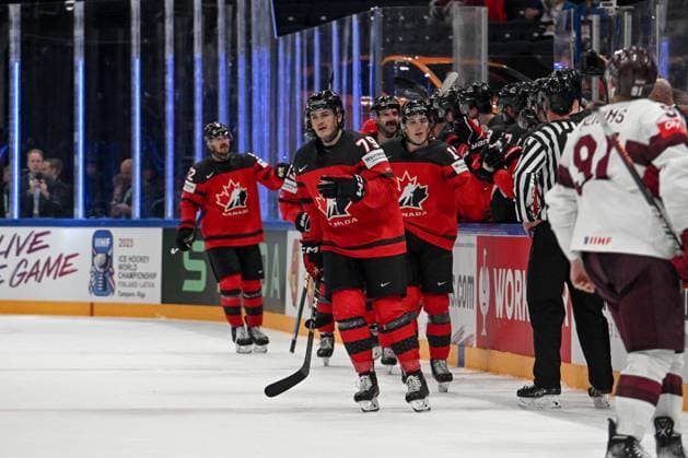 RIGA, LATVIA - MAY 27: Samuel Blais of Canada celebrate after scoring a goal during the 2023 IIHF Ice hockey, Eishockey World Championship, WM, Weltmeisterschaft Finland - Latvia game between Canada and Latvia at Nokia Arena on May 27, 2023 in Tampere, Finland. Tampere Finland Copyright: xJustPictures.ch AndreaxBrancax