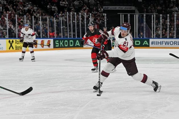 RIGA, LATVIA - MAY 27: Rudolfs Balcers of Latvia shoots the puck during the 2023 IIHF Ice hockey, Eishockey World Championship, WM, Weltmeisterschaft Finland - Latvia game between Canada and Latvia at Nokia Arena on May 27, 2023 in Tampere, Finland. Tampere Finland Copyright: xJustPictures.ch AndreaxBrancax