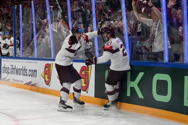 RIGA, LATVIA - MAY 27: Rudolfs Balcers of Latvia (R) celebrate after scoring a goal with teammate Rodrigo Abols of Latvia (R) during the 2023 IIHF Ice hockey, Eishockey World Championship, WM, Weltmeisterschaft Finland - Latvia game between Canada and Latvia at Nokia Arena on May 27, 2023 in Tampere, Finland. Tampere Finland Copyright: xJustPictures.ch AndreaxBrancax