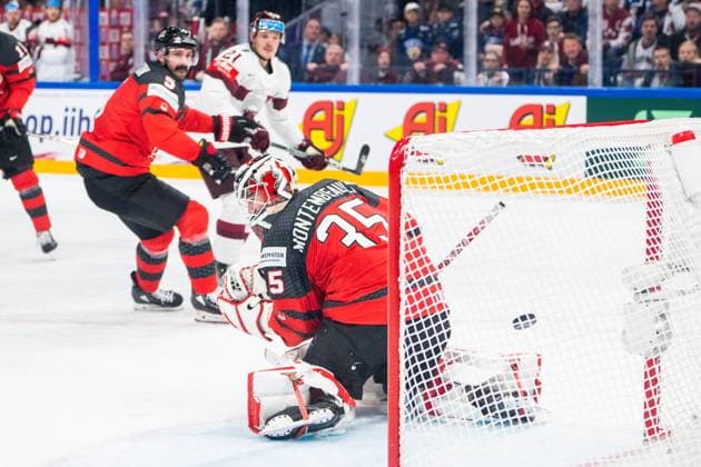 RIGA, LATVIA - MAY 27: goalkeeper Samuel Montembeault of Canada can™t save on Rudolfs Balcers of Latvia during the 2023 IIHF Ice hockey, Eishockey World Championship, WM, Weltmeisterschaft Finland - Latvia game between Canada and Latvia at Nokia Arena on May 27, 2023 in Tampere, Finland. Tampere Finland Copyright: xJustPictures.ch JarixPestelaccix