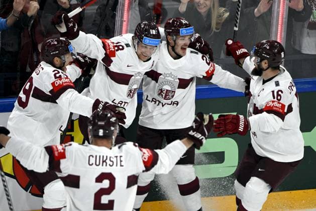 Latvian players celebrate 1-2 goal by Rudolfs Balcers (2ndR) during the 2023 IIHF Ice hockey, Eishockey World Championships semifinal match between Canada and Latvia in Tampere on May 27, 2023. Tampere Finland LKFTJK20230527154752INRR  Copyright: xJussixNukarix LKFTJK20230527154752INRR