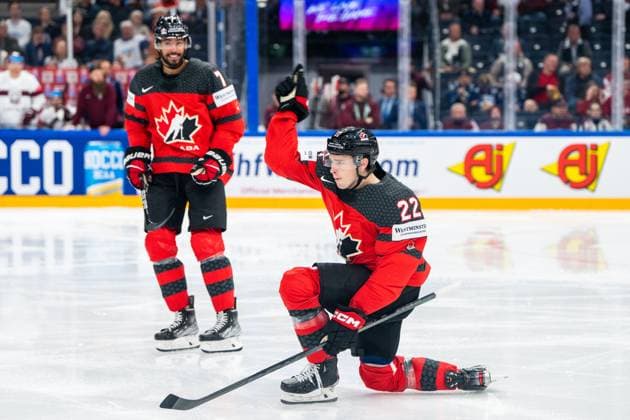 RIGA, LATVIA - MAY 27: Jack Quinn of Canada celebrates his goal during the 2023 IIHF Ice hockey, Eishockey World Championship, WM, Weltmeisterschaft Finland - Latvia game between Canada and Latvia at Nokia Arena on May 27, 2023 in Tampere, Finland. Tampere Finland Copyright: xJustPictures.ch JarixPestelaccix