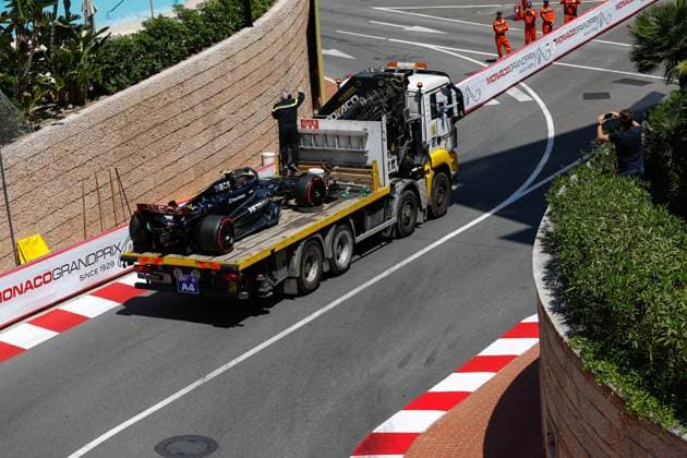 Damaged car of 44 Lewis Hamilton (GBR, Mercedes-AMG Petronas F1 Team), F1 Grand Prix of Monaco at Circuit de Monaco on May 27, 2023 in Monte-Carlo, Monaco. (Photo by HOCH ZWEI) Monte-Carlo Monaco