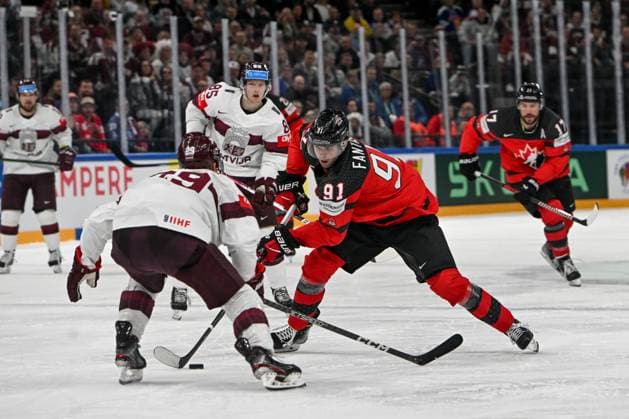 RIGA, LATVIA - MAY 27: Adam Fantilli of Canada in action during the 2023 IIHF Ice hockey, Eishockey World Championship, WM, Weltmeisterschaft Finland - Latvia game between Canada and Latvia at Nokia Arena on May 27, 2023 in Tampere, Finland. Tampere Finland Copyright: xJustPictures.ch AndreaxBrancax