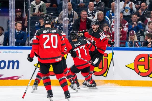 RIGA, LATVIA - MAY 27: Adam Fantilli of Canada (R) celebrated by Brad Hunt of Canada (C) for his goal during the 2023 IIHF Ice hockey, Eishockey World Championship, WM, Weltmeisterschaft Finland - Latvia game between Canada and Latvia at Nokia Arena on May 27, 2023 in Tampere, Finland. Tampere Finland Copyright: xJustPictures.ch JarixPestelaccix