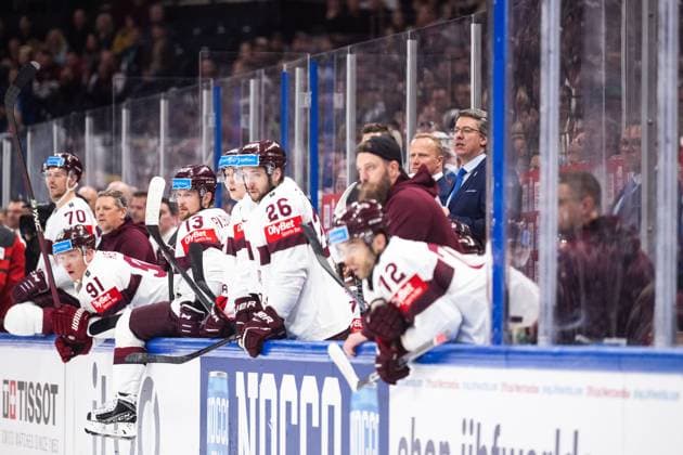 230527 Head coach Harijs Vitolins of Latvia during the 2023 IIHF Ice hockey, Eishockey World Championship, WM, Weltmeisterschaft semifinal game between Canada and Latvia on May 27, 2023 in Tampere. Photo: Joel Marklund BILDBYRAN kod JM JM0485 bbeng ishockey ice hockey ishockey-vm 2023 ishockey-vm vm 2023 iihf ice hockey world championship semifinal semi-final kanada canada latvia lettland Copyright: JOELxMARKLUND BB230527JM049