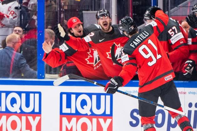RIGA, LATVIA - MAY 27: Adam Fantilli of Canada celebrates his first goal at WC during the 2023 IIHF Ice hockey, Eishockey World Championship, WM, Weltmeisterschaft Finland - Latvia game between Canada and Latvia at Nokia Arena on May 27, 2023 in Tampere, Finland. Tampere Finland Copyright: xJustPictures.ch JarixPestelaccix