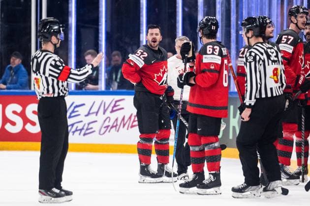 230527 MacKenzie Weegar of Canada reacts during the 2023 IIHF Ice hockey, Eishockey World Championship, WM, Weltmeisterschaft semifinal game between Canada and Latvia on May 27, 2023 in Tampere. Photo: Joel Marklund BILDBYRAN kod JM JM0485 bbeng ishockey ice hockey ishockey-vm 2023 ishockey-vm vm 2023 iihf ice hockey world championship semifinal semi-final kanada canada latvia lettland Copyright: JOELxMARKLUND BB230527JM050