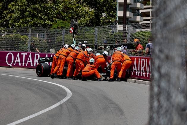 Damaged car of 44 Lewis Hamilton (GBR, Mercedes-AMG Petronas F1 Team), F1 Grand Prix of Monaco at Circuit de Monaco on May 27, 2023 in Monte-Carlo, Monaco. (Photo by HOCH ZWEI) Monte-Carlo Monaco