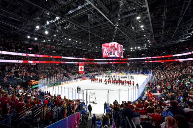 RIGA, LATVIA - MAY 27: Canadian players listen to the national anthem during the 2023 IIHF Ice hockey, Eishockey World Championship, WM, Weltmeisterschaft Finland - Latvia game between Canada and Latvia at Nokia Arena on May 27, 2023 in Tampere, Finland. Tampere Finland Copyright: xJustPictures.ch AndreaxBrancax