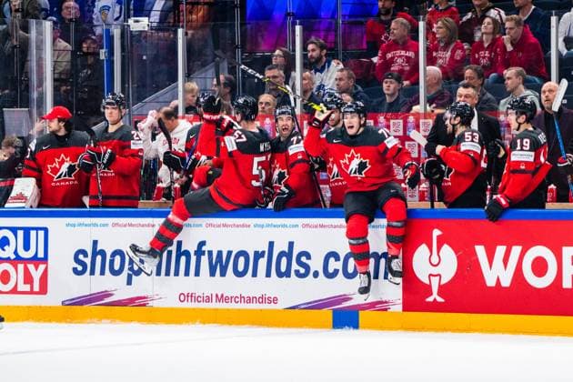 RIGA, LATVIA - MAY 27: Team Canada celebrates victory during the 2023 IIHF Ice hockey, Eishockey World Championship, WM, Weltmeisterschaft Finland - Latvia game between Canada and Latvia at Nokia Arena on May 27, 2023 in Tampere, Finland. Tampere Finland Copyright: xJustPictures.ch JarixPestelaccix