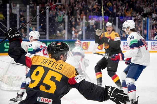 Sport Themen der Woche KW21 Sport Bilder des Tages Frederik Tiffels 95, GER celebrating the 2023 IIHF Ice hockey, Eishockey World Championship, WM, Weltmeisterschaft Semifinal match between USA - Germany at the Nokia Arena on 27. May 2023 in Tampere, Finland. (Tomi Hänninen Newspix24)  Copyright: xTomixHänninenx np24271858382