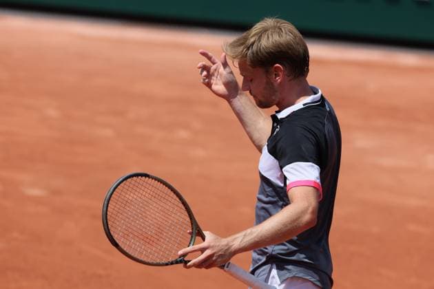 Belgian David Goffin reacts during a men s singles first round game between Belgian Goffin and Polish Hurkacz at the Roland Garros French Open tennis tournament, in Paris, France, Sunday 28 May 2023. BENOITxDOPPAGNE  x68050050x