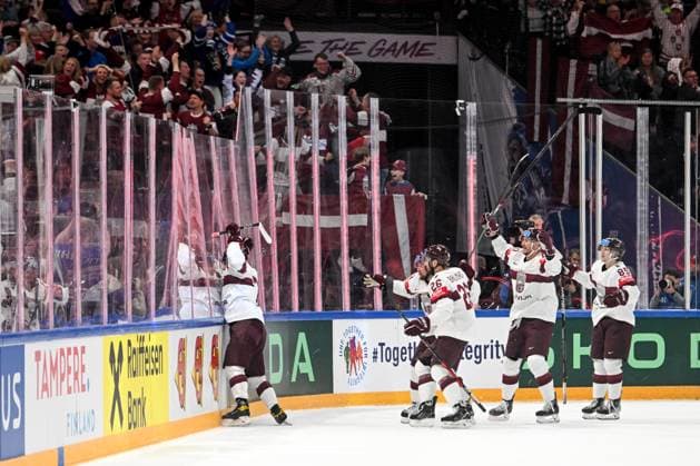 Sport Themen der Woche KW21 Sport Bilder des Tages TAMPERE, FINLAND - MAY 28: Janis Jaks of Latvia celebrate after scoring a goal during the 2023 IIHF Ice hockey, Eishockey World Championship, WM, Weltmeisterschaft Finland - Latvia game between USA and Latvia at Nokia Arena on May 28, 2023 in Tampere, Finland. Tampere Nokia Arena Finland *** TAMPERE, FINLAND MAY 28 Janis Jaks of Latvia celebrate after scoring a goal during the 2023 IIHF Ice Hockey World Championship Finland Latvia game between USA and Latvia at Nokia Arena on May 28, 2023 in Tampere, Finland Tampere Nokia Arena Finland  Copyright: xJustPictures.ch AndreaxBrancax