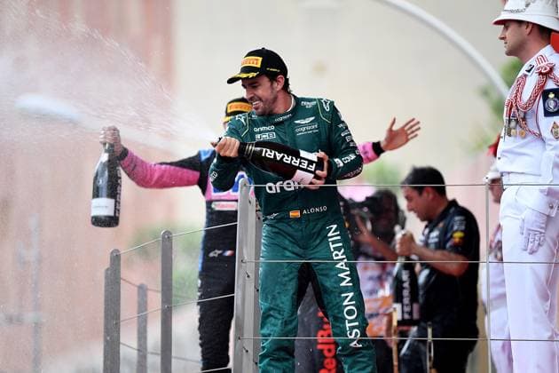 28.05.2023, Circuit de Monaco, Monte Carlo, Formel 1 Grand Prix Monaco 2023 ,im Bild Fernando Alonso (ESP), Aston Martin Aramco Cognizant Formula One Team freut sich über seinen zweiten Platz. Monte Carlo Circuit de Monaco Monaco