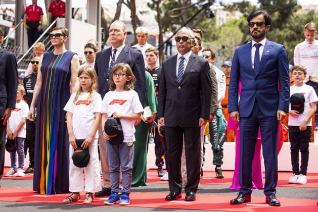 Formel 1, GP von Monaco, Fürst Albert und Fürstin Charlene HSH Princess Charlene of Monaco, also known as Charlene Lynette Wittstock, HSH Prince Albert II of Monaco, Al-Sultan Abdullah Ri™ayatuddin Al-Mustafa Billah Shah ibni Almarhum Sultan Haji Ahmad Shah Al-Musta™in Billah, BEN SULAYEM Mohammed (uae), President of the FIA, portrait during the Formula 1 Grand Prix de Monaco 2023, 6th round of the 2023 Formula One World Championship, WM, Weltmeisterschaft from May 26 to 28, 2023 on the Circuit de Monaco, in Monaco - F1 - MONACO GRAND PRIX 2023 - RACE DPPI Panoramic  00123013__DE_2233