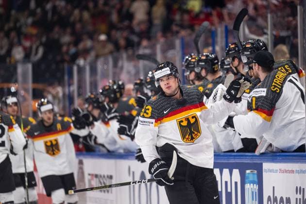 Eishockey, WM, Finale, Kanada - Deutschland 230528 John Peterka of Germany celebrates scoring 0-1 during the 2023 IIHF Ice hockey, Eishockey World Championship, WM, Weltmeisterschaft final game between Canada and Germany on May 28, 2023 in Tampere. Photo: Joel Marklund BILDBYRAN kod JM JM0489 bbeng ishockey ice hockey ishockey-vm 2023 ishockey-vm vm 2023 iihf ice hockey world championship final kanada canada germany tyskland jubel Copyright: JOELxMARKLUND BB230528JM102