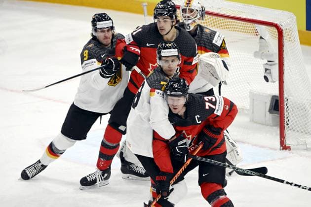 Eishockey, WM, Finale, Kanada - Deutschland Tyler Toffoli and Jack McBain (73) of Canada and Maximilian Kastner, Leon Gawanke and goalkeeper Mathias Niederberger of Germany during the 2023 IIHF Ice hockey, Eishockey World Championships final match between Canada and Germany in Tampere on May 28, 2023. Tampere Finland LKFTJK20230528202725GGGS  Copyright: xJussixNukarix LKFTJK20230528202725GGGS