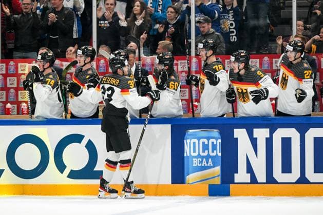 Eishockey, WM, Finale, Kanada - Deutschland TAMPERE, FINLAND - MAY 28: John Peterka of Germany celebrate after scoring a goal during the 2023 IIHF Ice hockey, Eishockey World Championship, WM, Weltmeisterschaft Finland - Latvia game between Canada and Germany at Nokia Arena on May 28, 2023 in Tampere, Finland. Tampere Nokia Arena Finland Copyright: xJustPictures.ch AndreaxBrancax