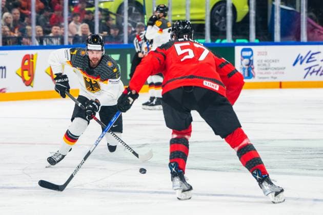Eishockey, WM, Finale, Kanada - Deutschland TAMPERE, FINLAND - MAY 28: Maximilian Kastner of Germany (L) in action during the 2023 IIHF Ice hockey, Eishockey World Championship, WM, Weltmeisterschaft Finland - Latvia game between Canada and Germany at Nokia Arena on May 28, 2023 in Tampere, Finland. Tampere Nokia Arena Finland Copyright: xJustPictures.ch JarixPestelaccix