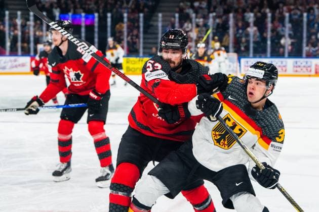 Eishockey, WM, Finale, Kanada - Deutschland TAMPERE, FINLAND - MAY 28: MacKenzie Weegar of Canada (L) against John Peterka of Germany (R) during the 2023 IIHF Ice hockey, Eishockey World Championship, WM, Weltmeisterschaft Finland - Latvia game between Canada and Germany at Nokia Arena on May 28, 2023 in Tampere, Finland. Tampere Nokia Arena Finland Copyright: xJustPictures.ch JarixPestelaccix