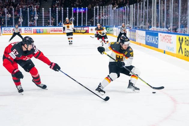 Eishockey, WM, Finale, Kanada - Deutschland TAMPERE, FINLAND - MAY 28: Dominik Kahun of Germany (R) against Tyler Myers of Canada (L) during the 2023 IIHF Ice hockey, Eishockey World Championship, WM, Weltmeisterschaft Finland - Latvia game between Canada and Germany at Nokia Arena on May 28, 2023 in Tampere, Finland. Tampere Nokia Arena Finland Copyright: xJustPictures.ch JarixPestelaccix